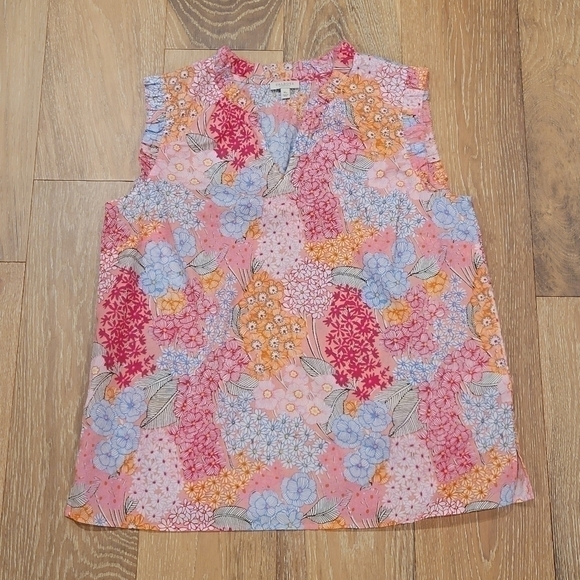 Talbots Women's Floral ruffle vneck side slit top size Medium petite - Picture 2 of 7